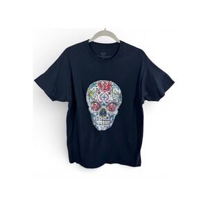 Philipp Plein Mens Black Sequin Sugar Skull Graphic T-Shirt Size Large Luxury